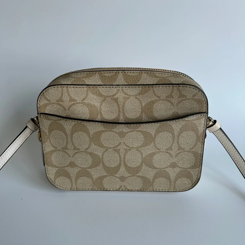 Coach Mini Camera Bag Light Khaki Chalk Canvas Leather Crossbody Excellent